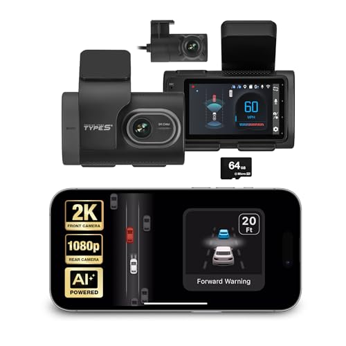 AI Dash Cam 1440p Front & Rear Camera with ADAS Alerts & 24/7 Monitoring