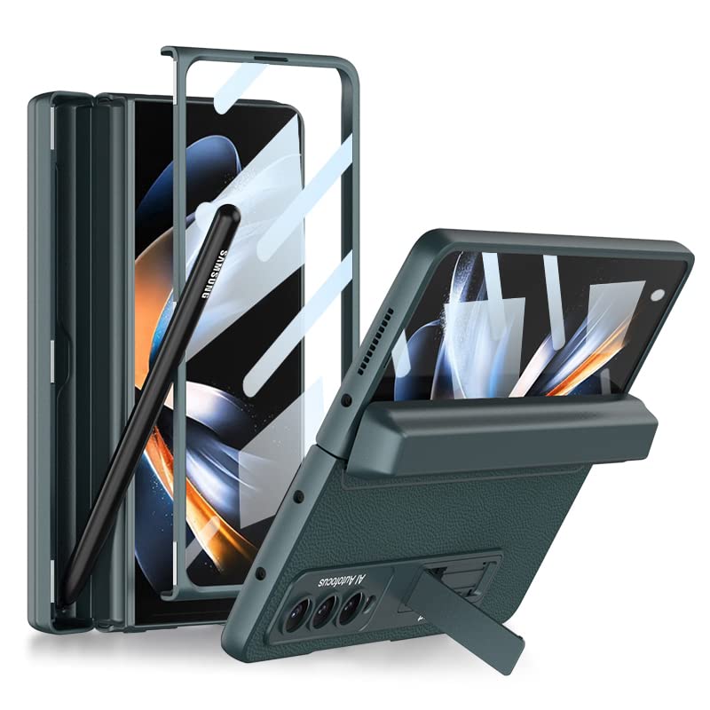 Galaxy Z Fold 4 Case with S Pen Holder, Kickstand, Tempered Glass & Hinge Protection