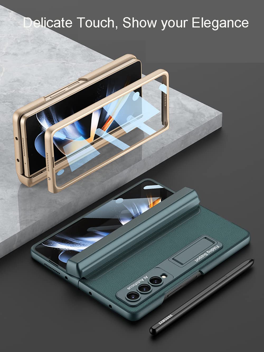 Galaxy Z Fold 4 Case with S Pen Holder, Kickstand, Tempered Glass & Hinge Protection