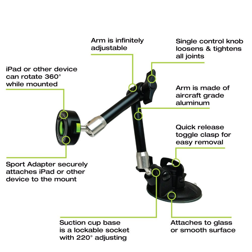 Suction Cup Tablet Mount with Articulating Arm & Universal Cradle, 7–11"