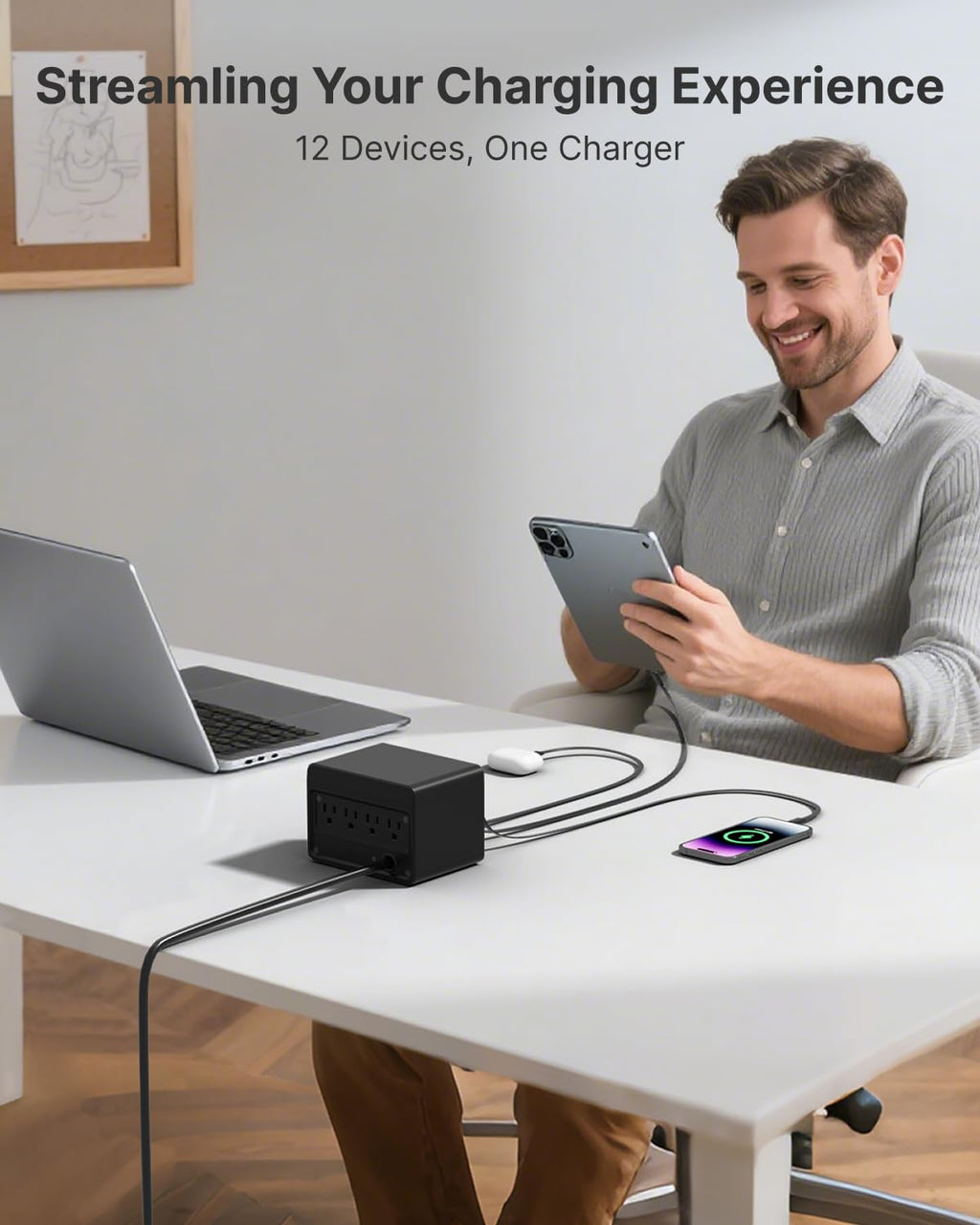 12-in-1 Desktop Charging Station with Retractable Lightning & USB-C Cables, USB-A Ports