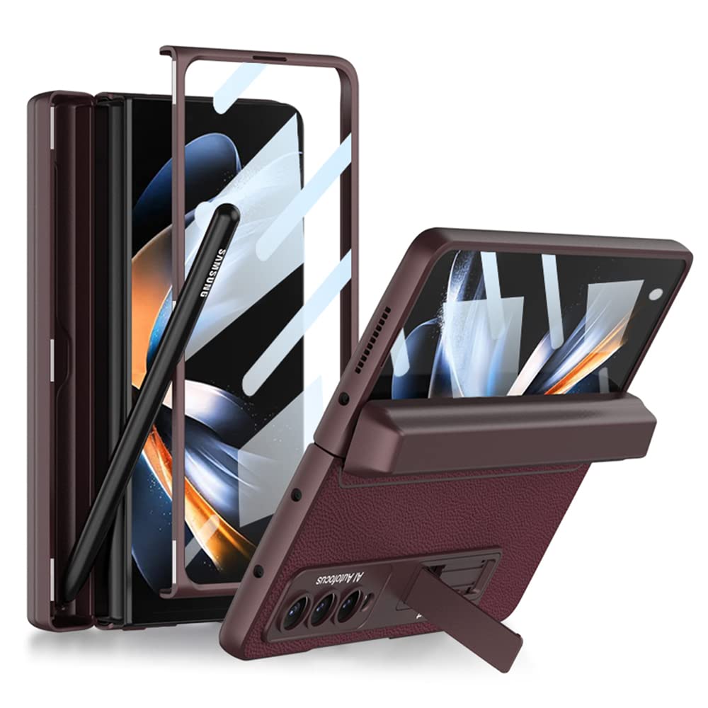 Galaxy Z Fold 4 Case with S Pen Holder, Kickstand, Tempered Glass & Hinge Protection