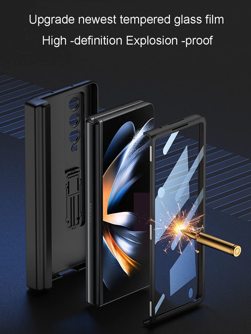 Galaxy Z Fold 4 Case with S Pen Holder, Kickstand, Tempered Glass & Hinge Protection