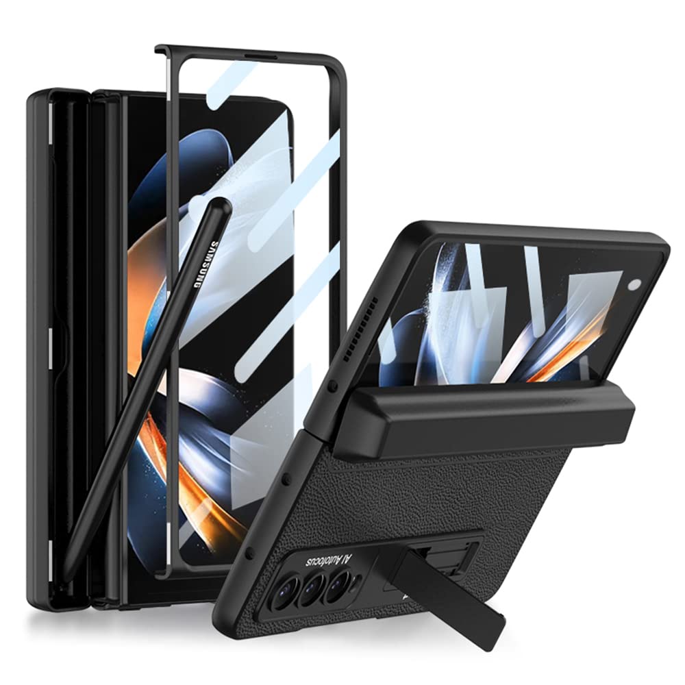 Galaxy Z Fold 4 Case with S Pen Holder, Kickstand, Tempered Glass & Hinge Protection