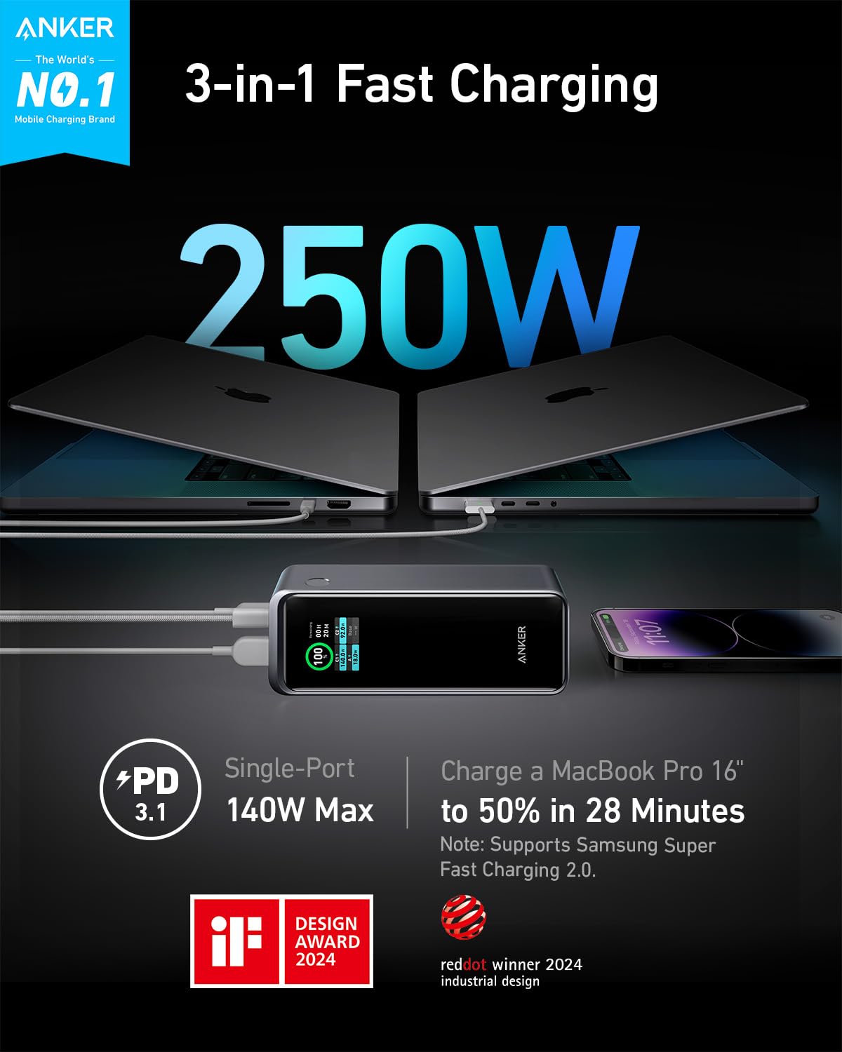 Ultra-Slim 10000mAh Magnetic Power Bank with 3-Port 250W Fast Charging