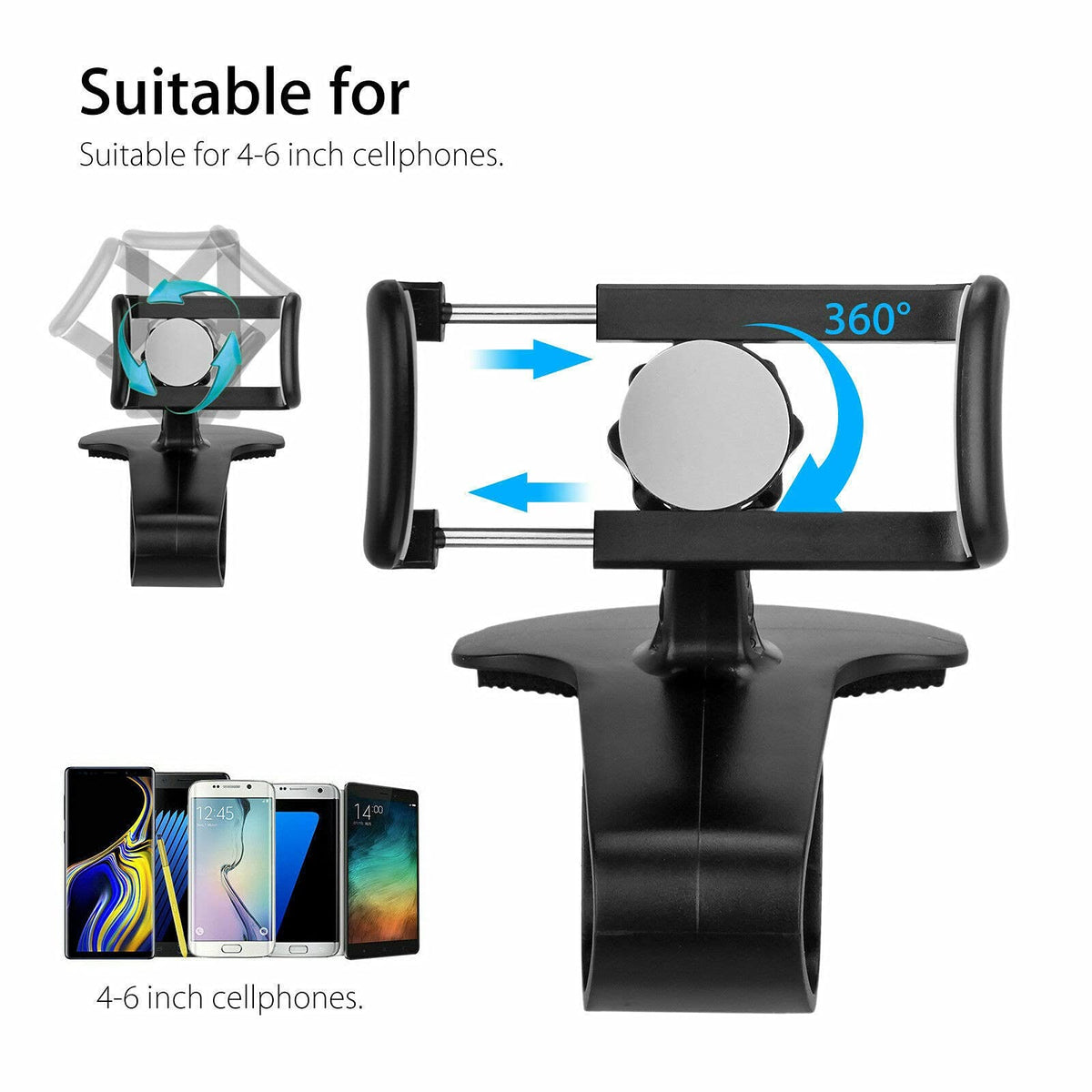 Dashboard Phone Holder with Flexible Clip Mount, Universal for 4–6" Smartphones