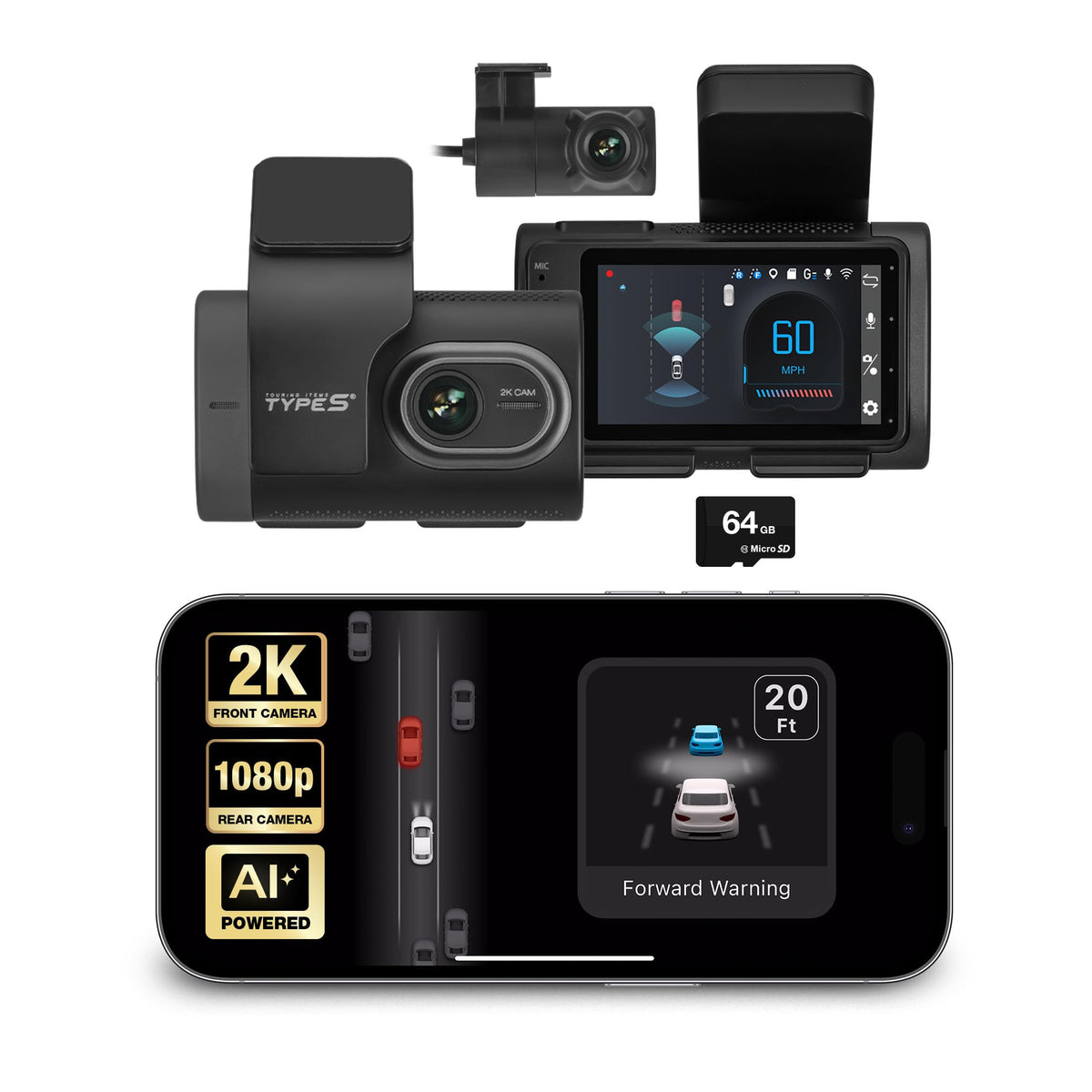 AI Dash Cam 1440p Front & Rear Camera with ADAS Alerts & 24/7 Monitoring