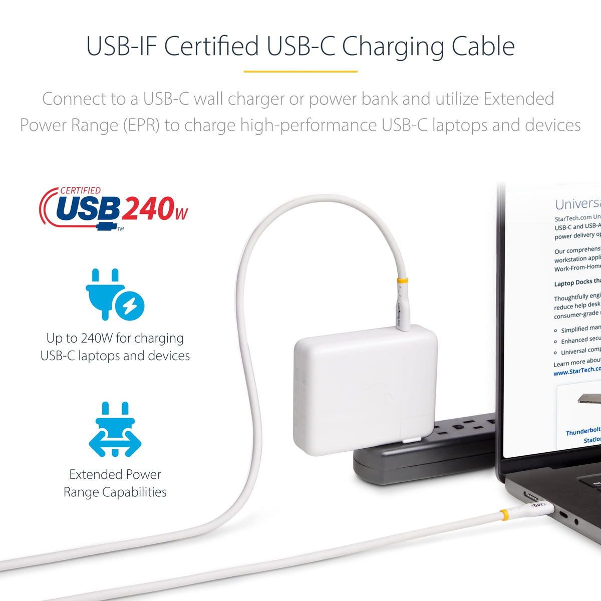 StarTech USB-C Cable 4m, 240W PD EPR, USB 2.0, White (USB2EPR4MW)