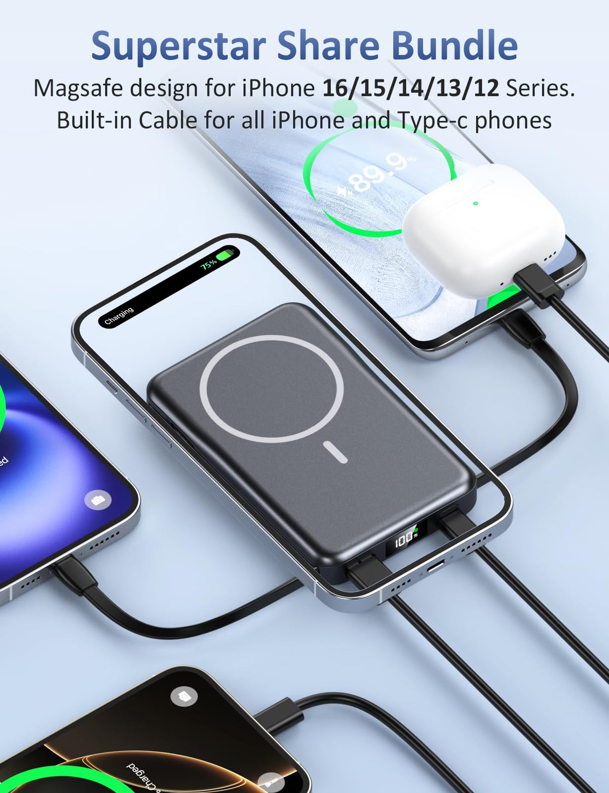 Magnetic 10000mAh Power Bank with Built-in Cable & 20W Fast Charging