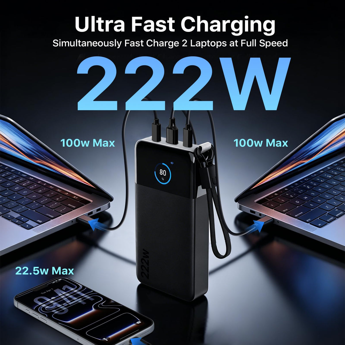 25000mAh 222W Portable Power Bank with Dual USB-C Ports & Digital Display