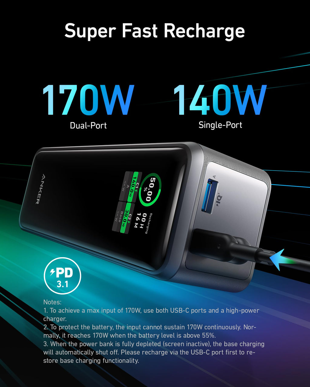 Ultra-Slim 10000mAh Magnetic Power Bank with 3-Port 250W Fast Charging