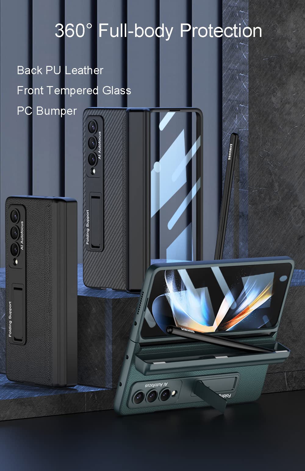 Galaxy Z Fold 4 Case with S Pen Holder, Kickstand, Tempered Glass & Hinge Protection