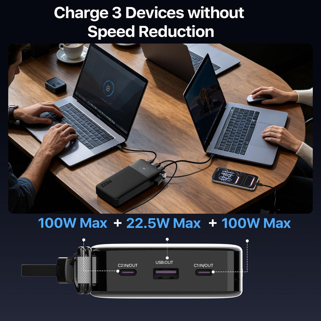 25000mAh 222W Portable Power Bank with Dual USB-C Ports & Digital Display